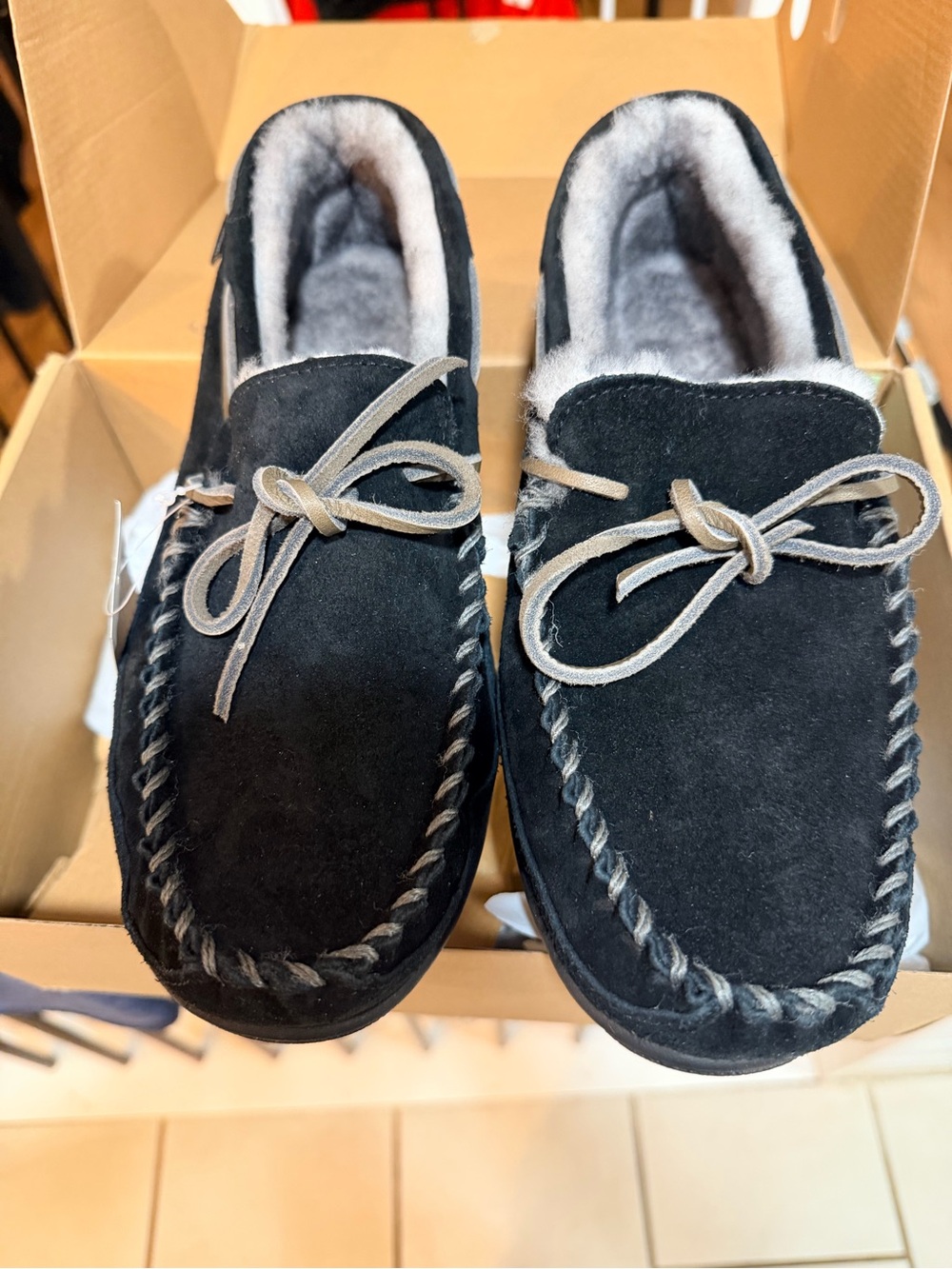 L.L. Bean Men's Black Suede Moccasins with Gray Trim